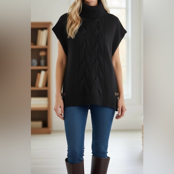 Ricki's Cable Knit Sleeveless Turtleneck Poncho Sweater Women’s Small Black - Picture 13 of 13